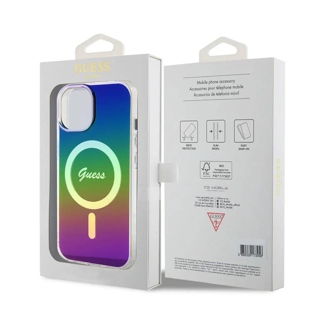 iPhone 15 MagSafe Uyumlu Iridescent Kılıf - Guess Yazı Logolu