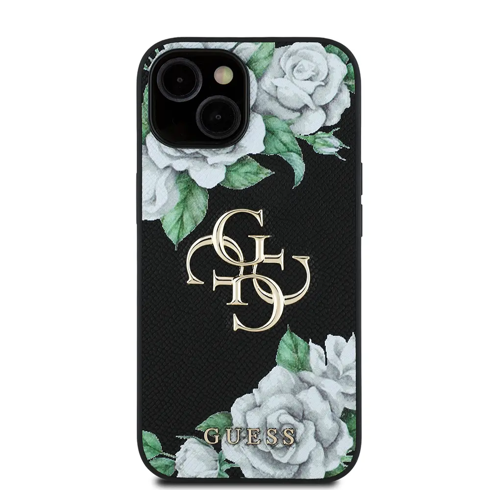 iPhone 15 Lisanslı Gül Baskılı Kılıf, Büyük Metal Logo - Guess