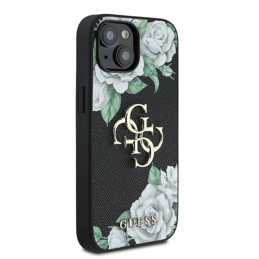 iPhone 15 Lisanslı Gül Baskılı Kılıf, Büyük Metal Logo - Guess