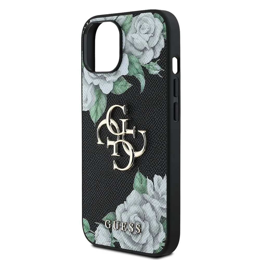 iPhone 15 Lisanslı Gül Baskılı Kılıf, Büyük Metal Logo - Guess
