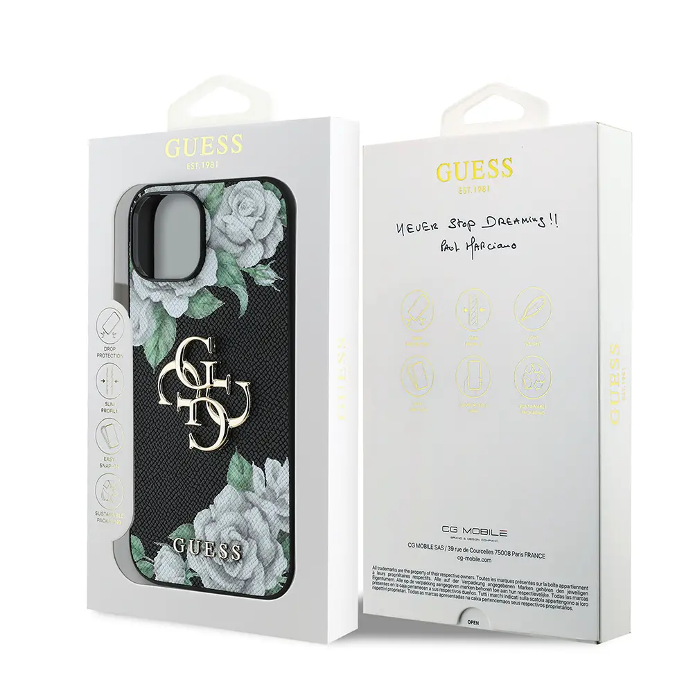 iPhone 15 Lisanslı Gül Baskılı Kılıf, Büyük Metal Logo - Guess