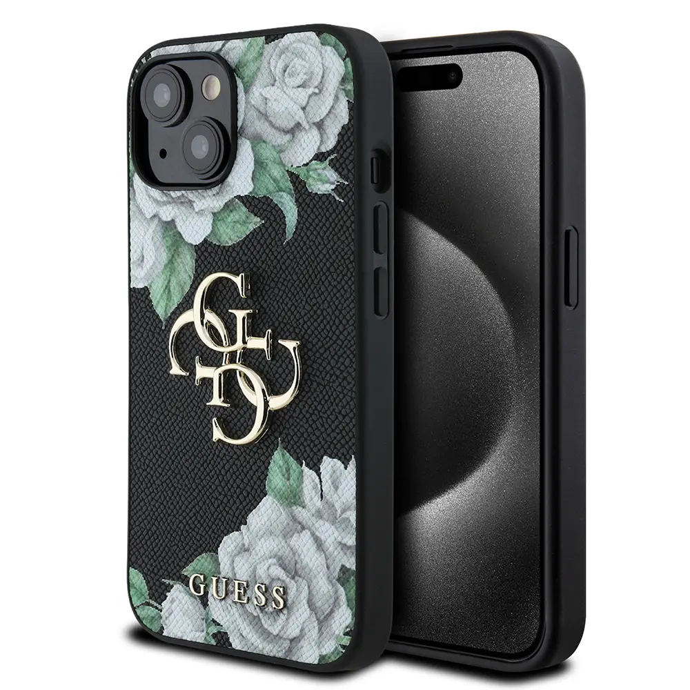 iPhone 15 Lisanslı Gül Baskılı Kılıf, Büyük Metal Logo - Guess