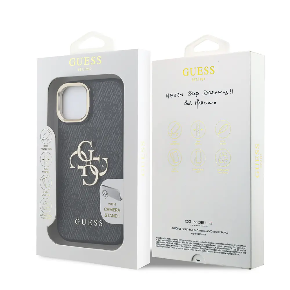 iPhone 15 Kamera Standlı PU Deri Kılıf - Guess 4G Logolu
