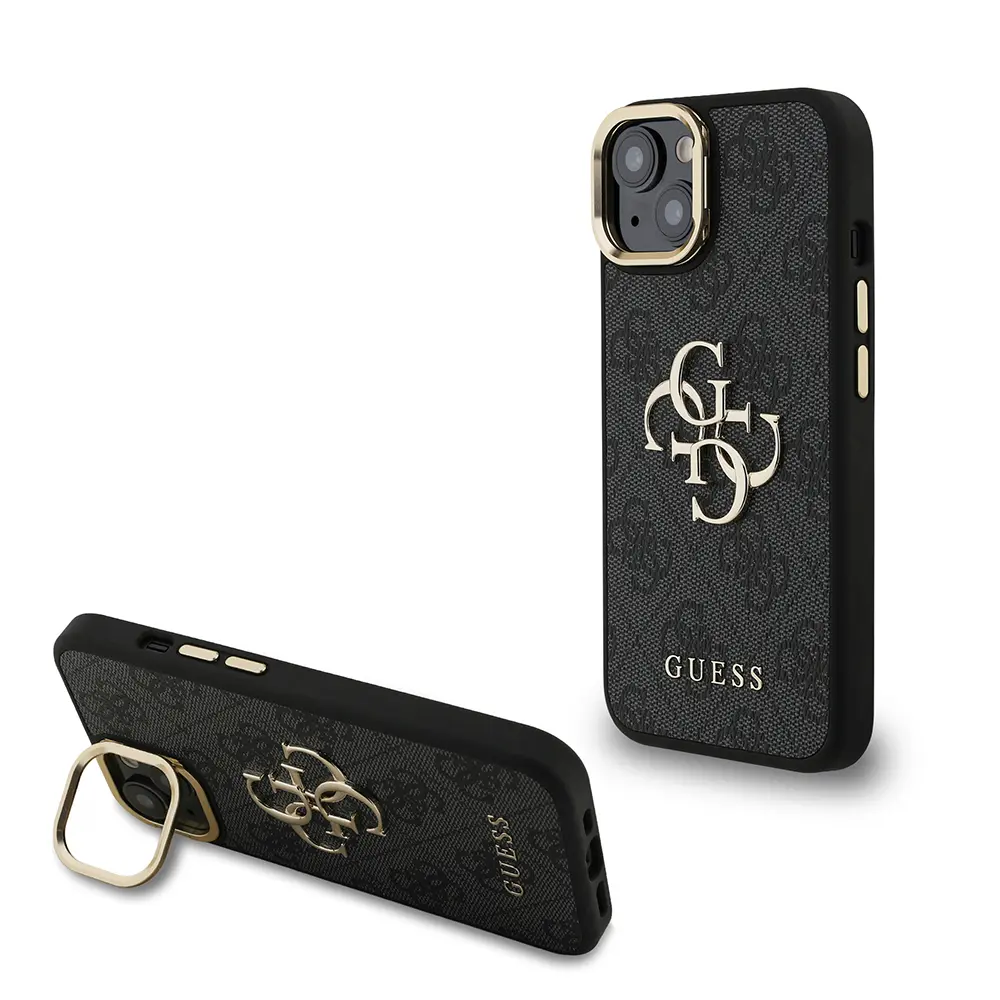 iPhone 15 Kamera Standlı PU Deri Kılıf - Guess 4G Logolu
