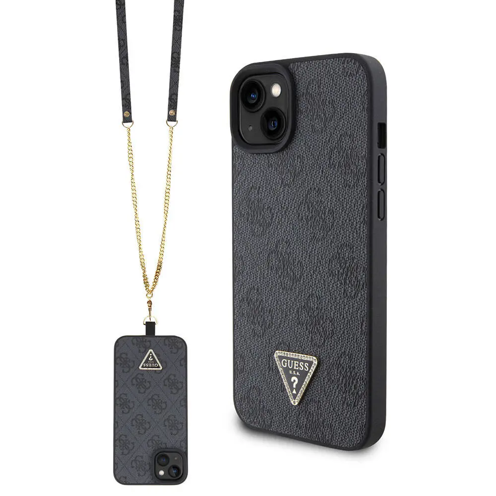 iPhone 15 Askılı Taşlı Kılıf - Guess Lisanslı PU Deri