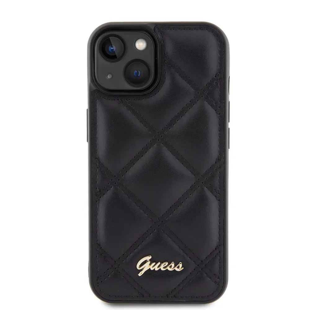 Apple iPhone 15 Kılıf Guess Orjinal Lisanslı PU Deri Metal Yazı Logolu Kapitone Kapak