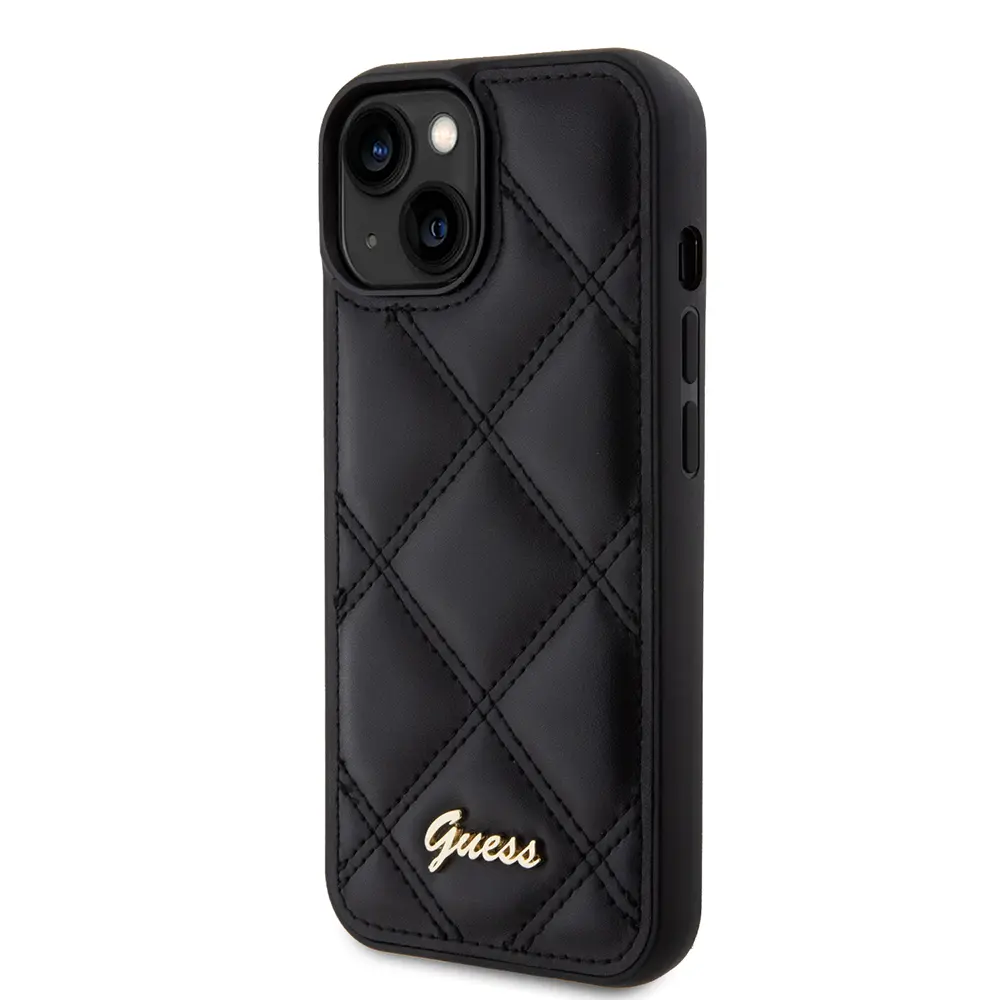 Apple iPhone 15 Kılıf Guess Orjinal Lisanslı PU Deri Metal Yazı Logolu Kapitone Kapak