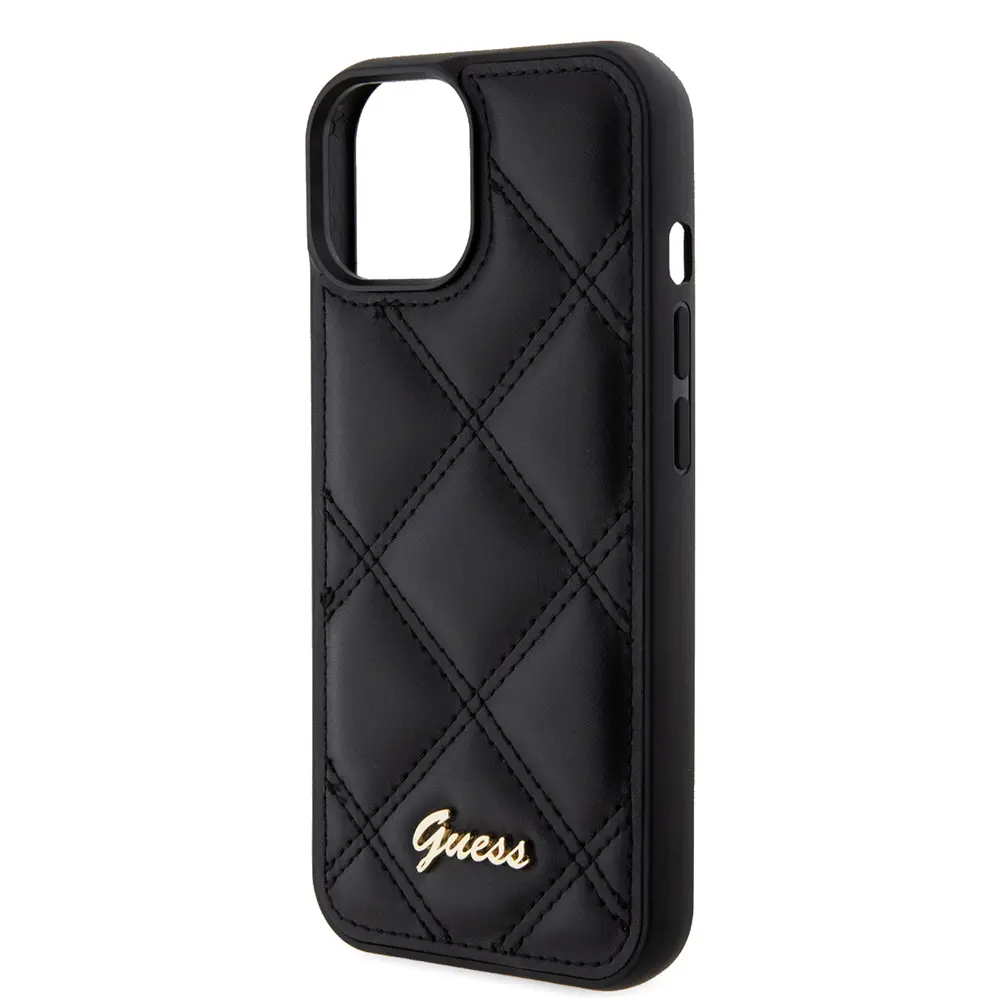 Apple iPhone 15 Kılıf Guess Orjinal Lisanslı PU Deri Metal Yazı Logolu Kapitone Kapak