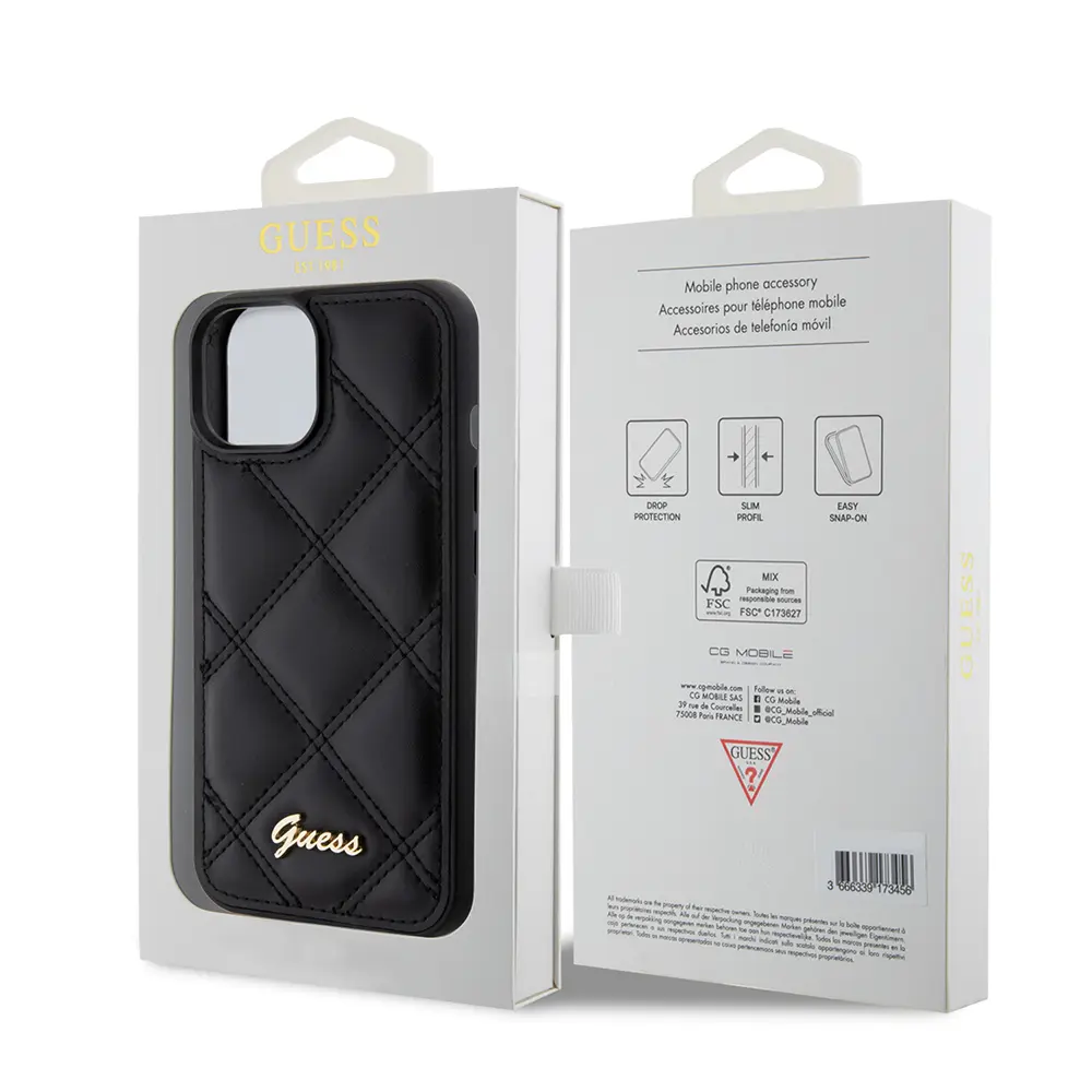 Apple iPhone 15 Kılıf Guess Orjinal Lisanslı PU Deri Metal Yazı Logolu Kapitone Kapak