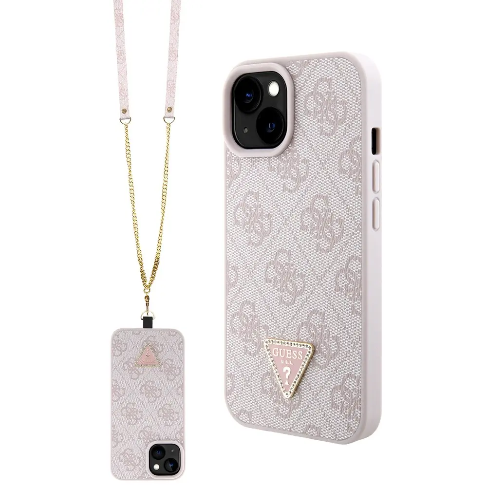iPhone 15 Kılıf, Taşlı Metal Üçgen Logolu Askılı - Guess 4G
