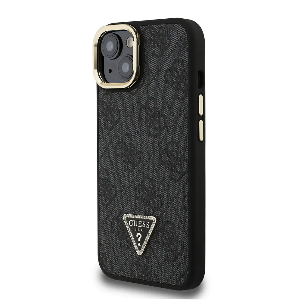 iPhone 15 Kamera Standlı Taşlı Üçgen Logo Kılıf - Guess Lisanslı