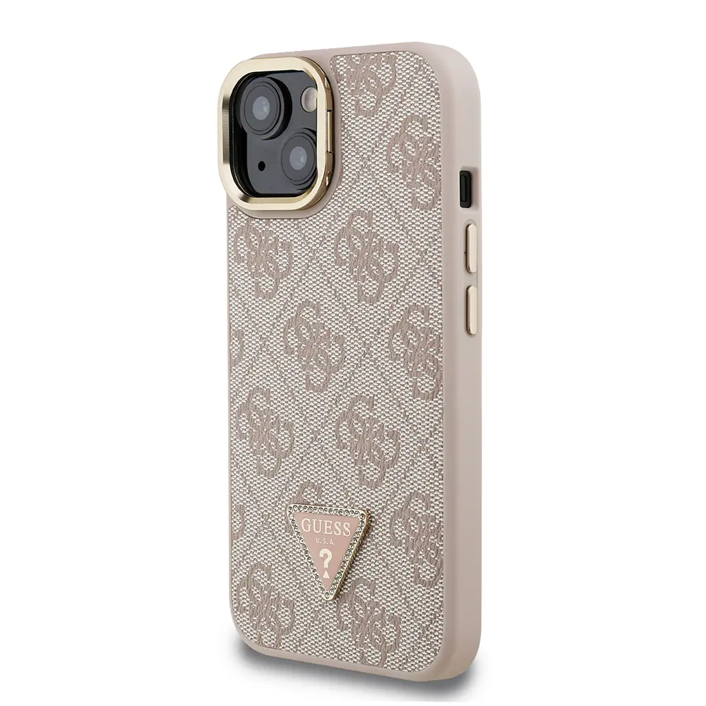 iPhone 15 Kamera Standlı Taşlı Üçgen Logo Kılıf - Guess Lisanslı