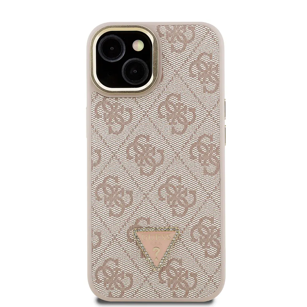 iPhone 15 Kamera Standlı Taşlı Üçgen Logo Kılıf - Guess Lisanslı
