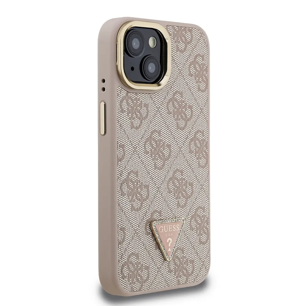 iPhone 15 Kamera Standlı Taşlı Üçgen Logo Kılıf - Guess Lisanslı