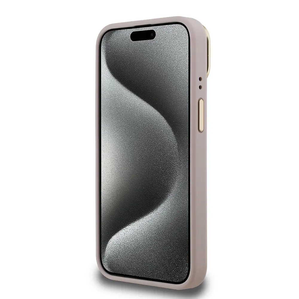 iPhone 15 Kamera Standlı Taşlı Üçgen Logo Kılıf - Guess Lisanslı