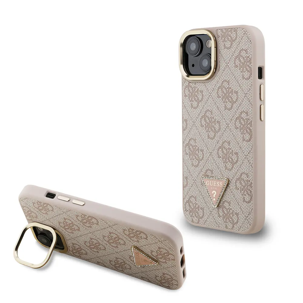 iPhone 15 Kamera Standlı Taşlı Üçgen Logo Kılıf - Guess Lisanslı