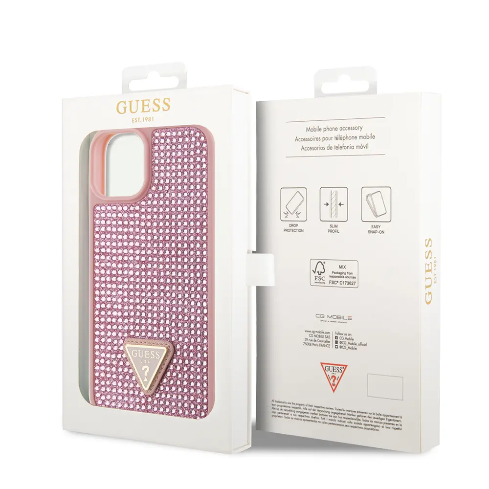 Apple iPhone 15 Kılıf Guess Orjinal Lisanslı Taşlı Arka Yüzey Üçgen Logolu Kapak