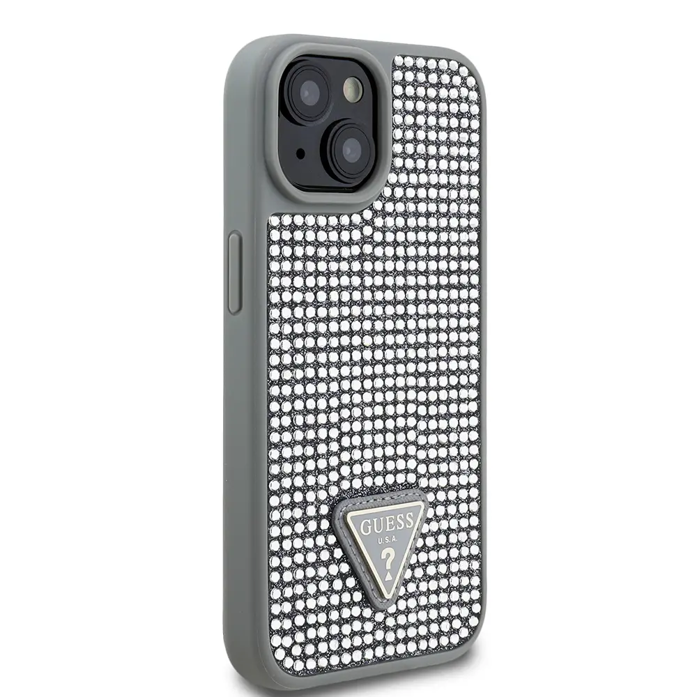 Apple iPhone 15 Kılıf Guess Orjinal Lisanslı Taşlı Arka Yüzey Üçgen Logolu Kapak