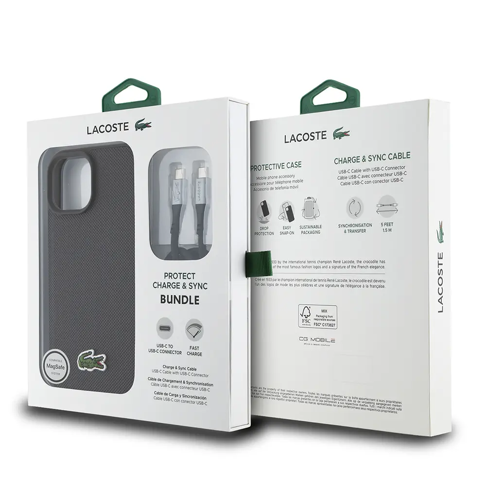 Apple iPhone 15 Kılıf Lacoste Orjinal Lisanslı PU Pike Desenli Arka Yüzey İkonik Timsah Dokuma Logolu Kapak + Type-C Kablo 1.5m