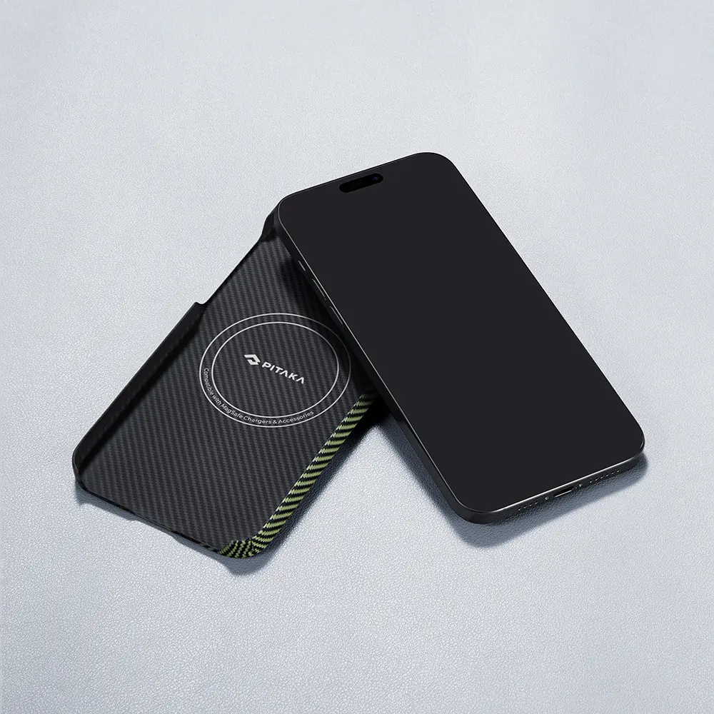 Apple iPhone 15 Plus Kılıf M-safe Şarj Özellikli 600D Aramid Karbon Fiber Pitaka Tactile Woven Orchestra Serisi Overture Kapak