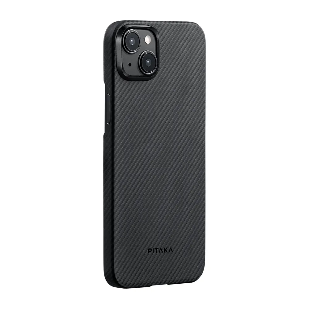 Apple iPhone 15 Plus Kılıf M-safe Şarj Özellikli 600D Aramid Karbon Fiber Pitaka Ultra-Slim Classic Serisi Black-Grey Twill Kapak