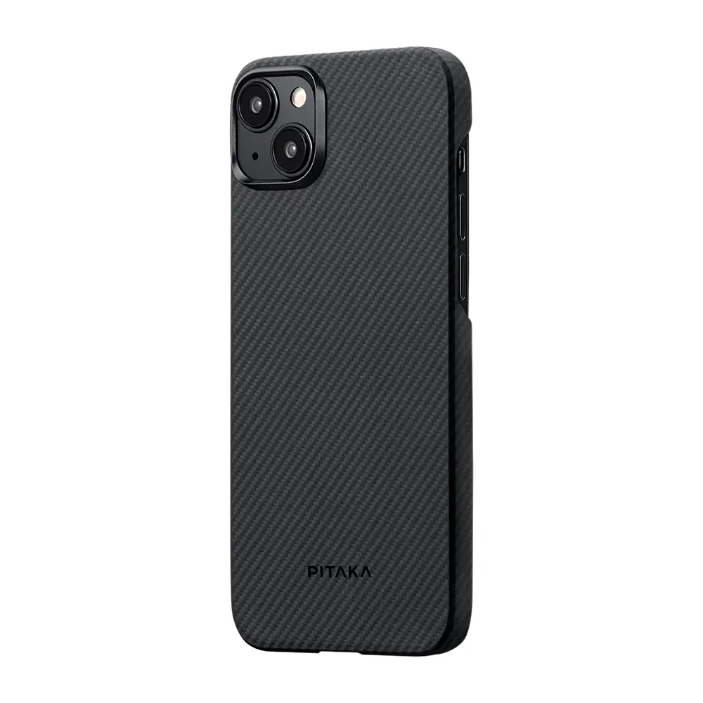 Apple iPhone 15 Plus Kılıf M-safe Şarj Özellikli 600D Aramid Karbon Fiber Pitaka Ultra-Slim Classic Serisi Black-Grey Twill Kapak