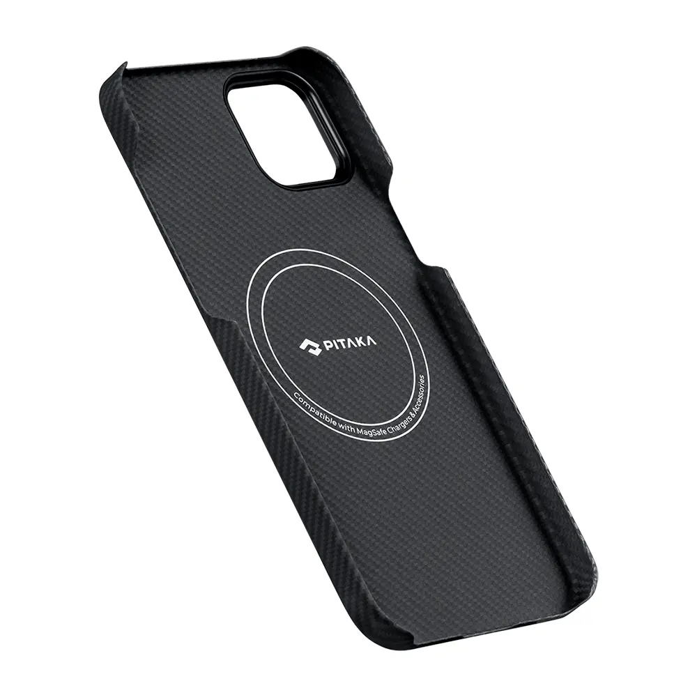 Apple iPhone 15 Plus Kılıf M-safe Şarj Özellikli 600D Aramid Karbon Fiber Pitaka Ultra-Slim Classic Serisi Black-Grey Twill Kapak