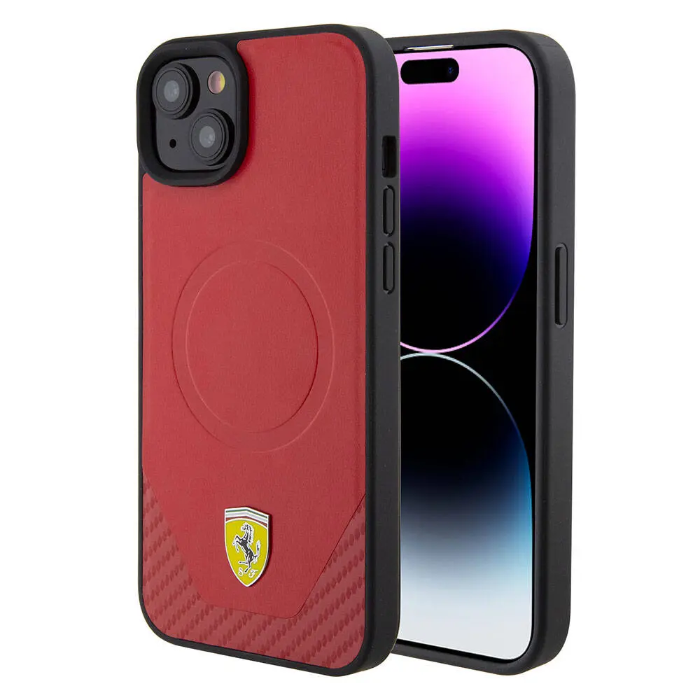 Apple iPhone 15 Plus Kılıf Ferrari Orjinal Lisanslı M-safe Şarj Özellikli Metal Logolu PU Karbon Kapak