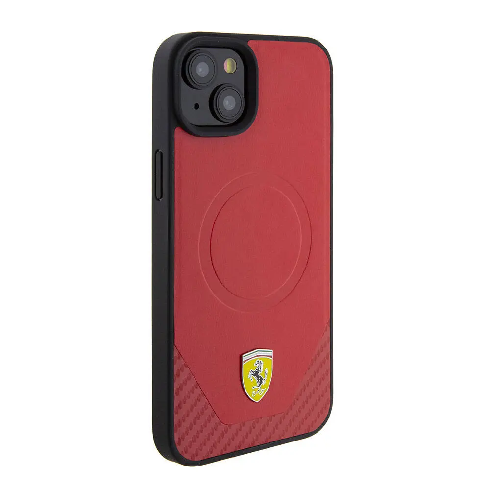 iPhone 15 Plus MagSafe Uyumlu Ferrari Lisanslı Kılıf - PU Karbon Metal Logolu