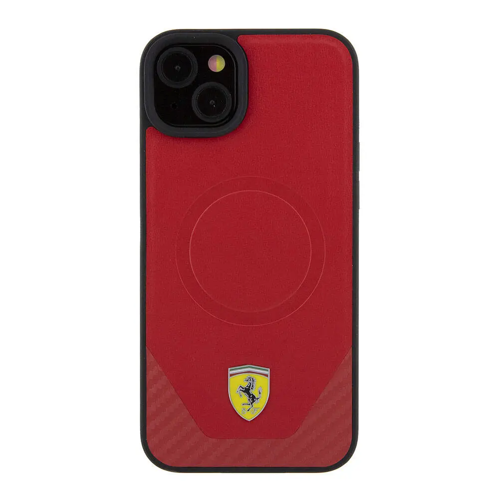 iPhone 15 Plus MagSafe Uyumlu Ferrari Lisanslı Kılıf - PU Karbon Metal Logolu