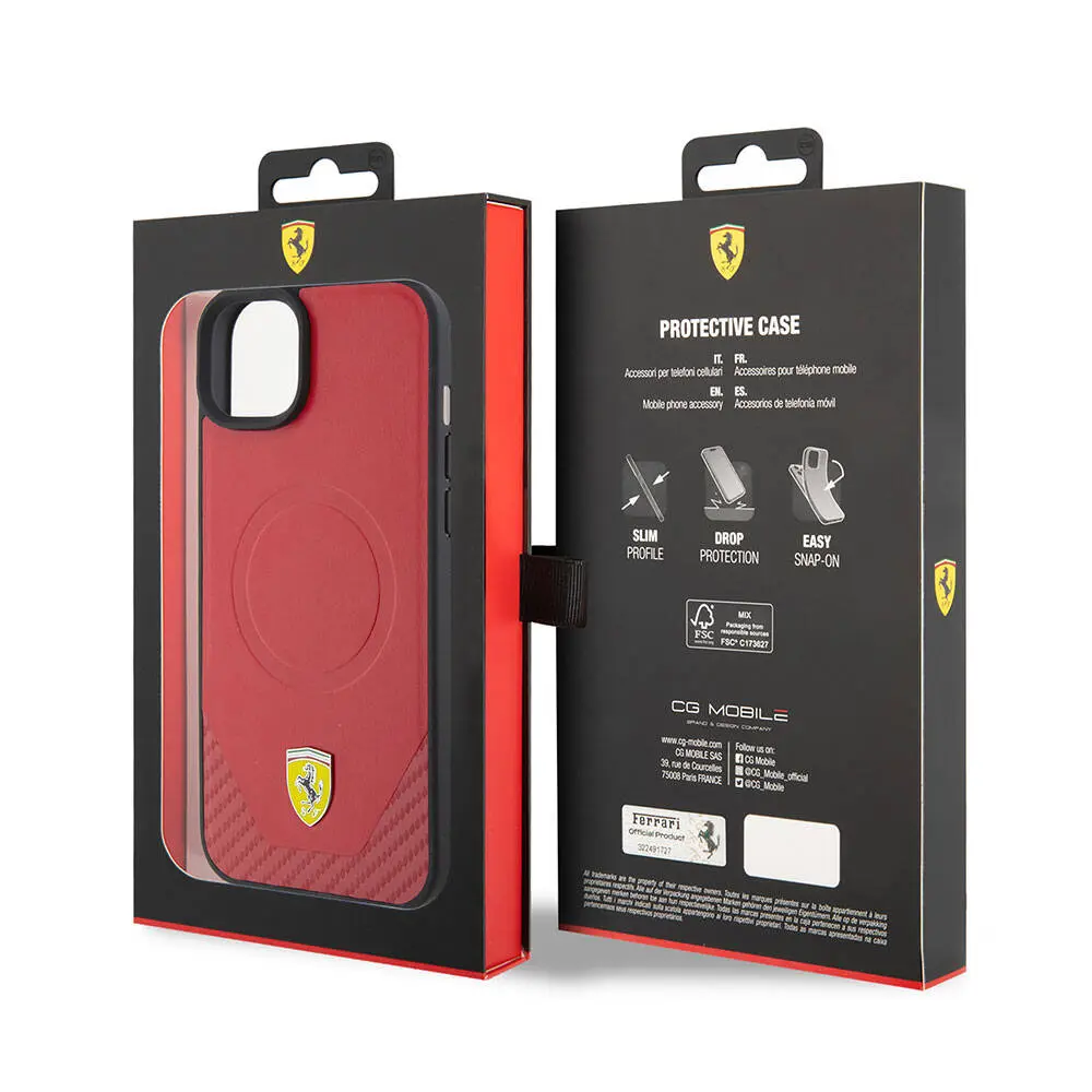 iPhone 15 Plus MagSafe Uyumlu Ferrari Lisanslı Kılıf - PU Karbon Metal Logolu