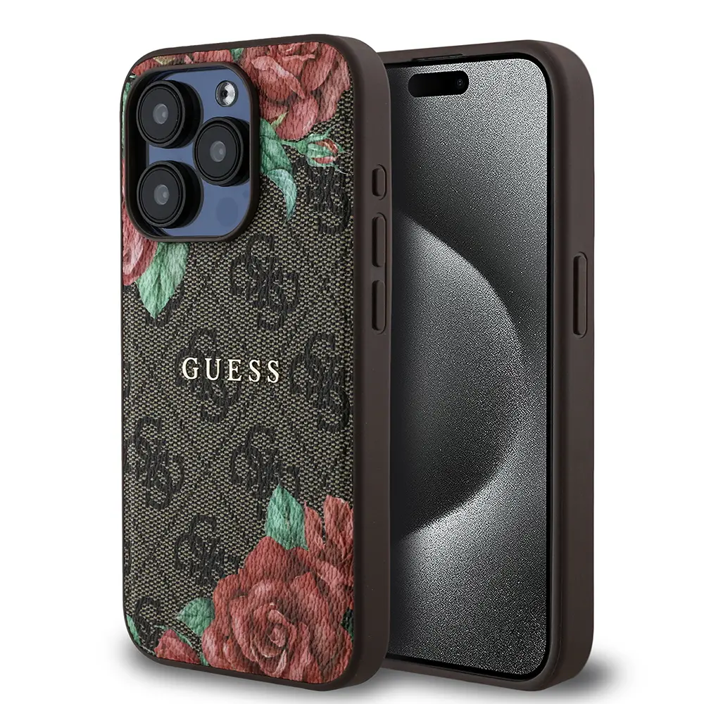 iPhone 15 Pro MagSafe Uyumlu Gül Baskılı Kılıf - Guess 4G Logolu