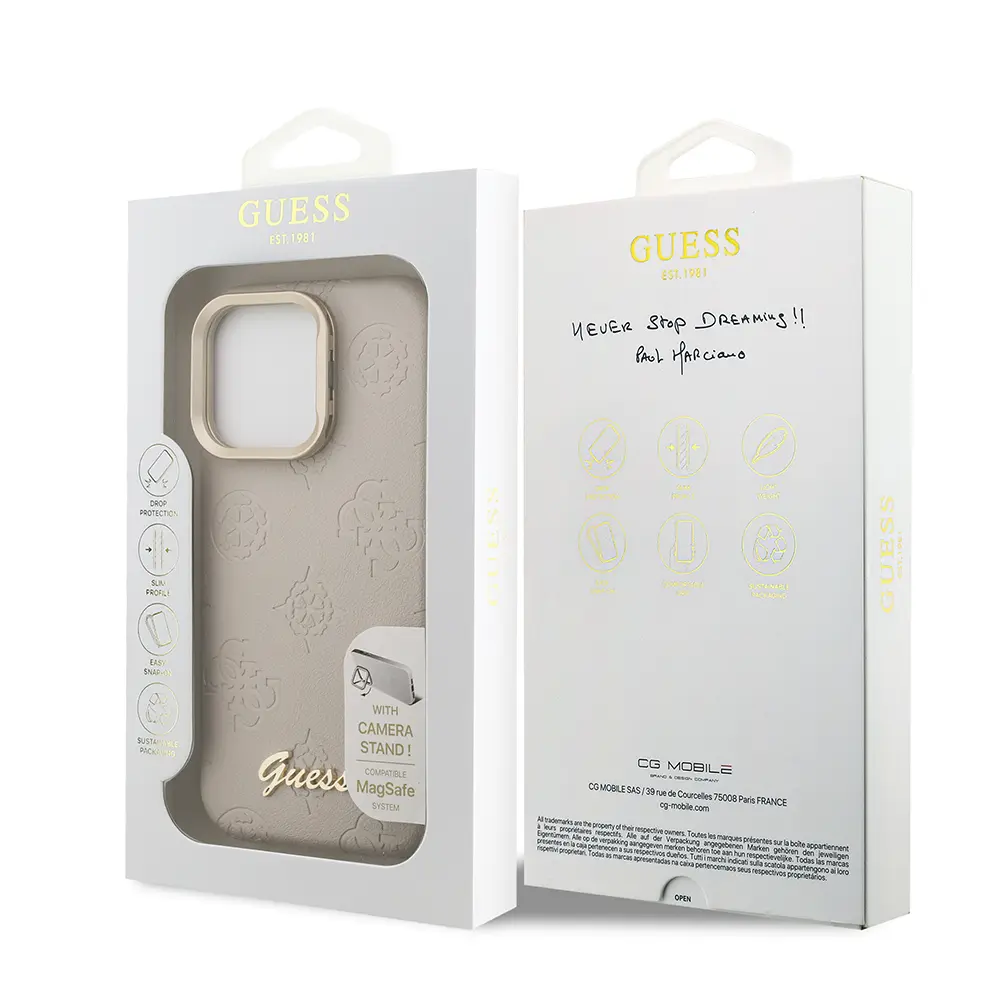 iPhone 15 Pro MagSafe Uyumlu Kamera Standlı PU Deri Kılıf - Guess Peony