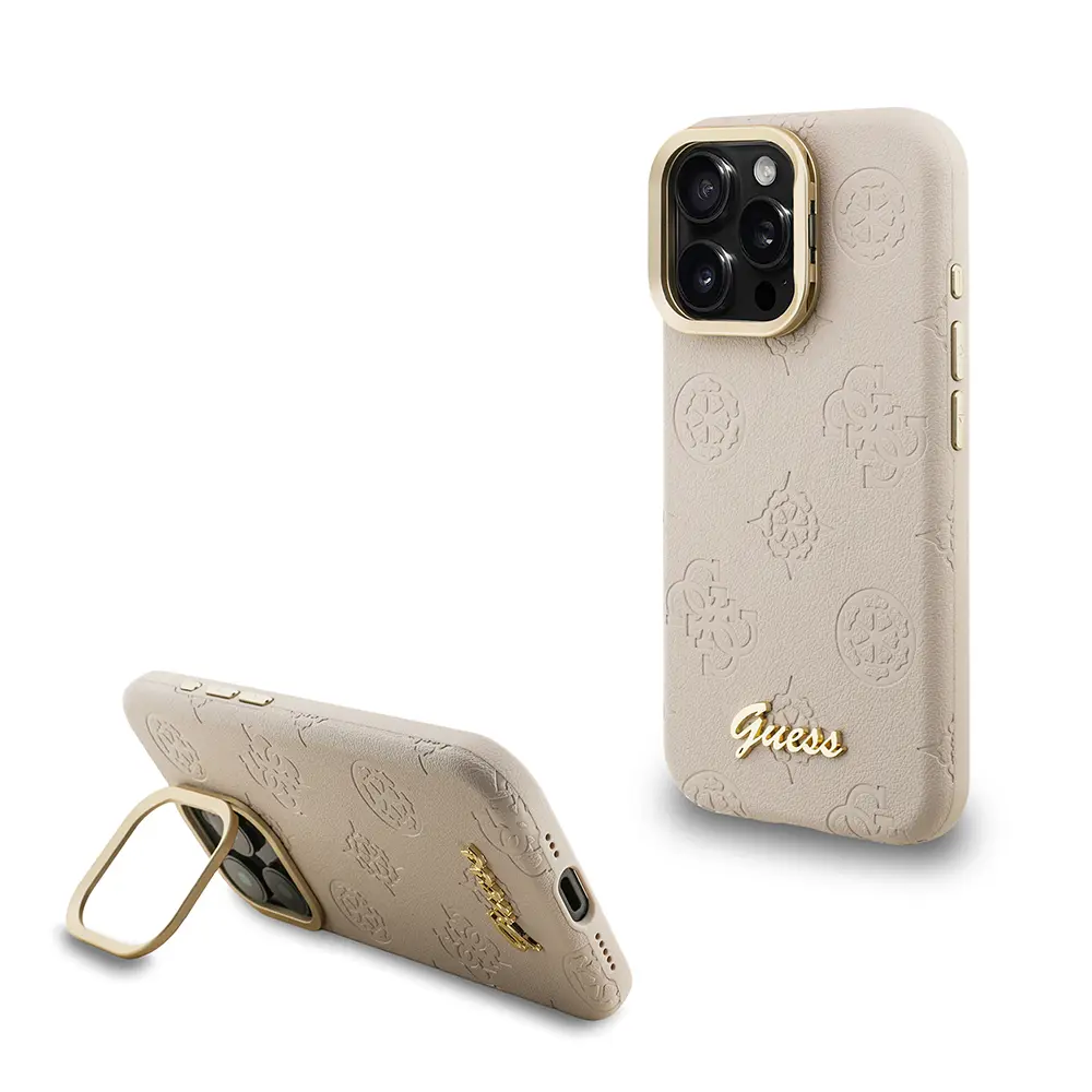 iPhone 15 Pro MagSafe Uyumlu Kamera Standlı PU Deri Kılıf - Guess Peony