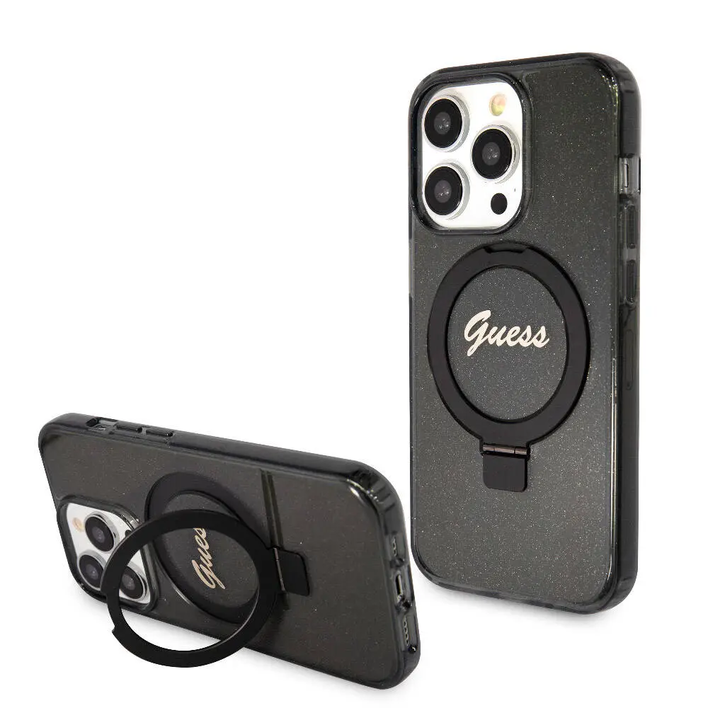 iPhone 15 Pro MagSafe Uyumlu Simli Arka Yüzey Ring Standlı Kılıf - Guess