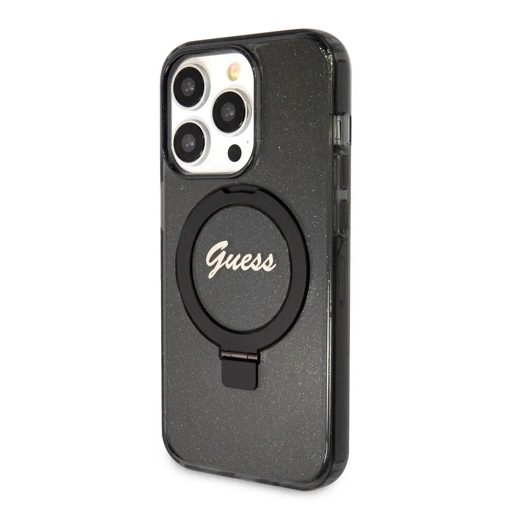 iPhone 15 Pro MagSafe Uyumlu Simli Arka Yüzey Ring Standlı Kılıf - Guess