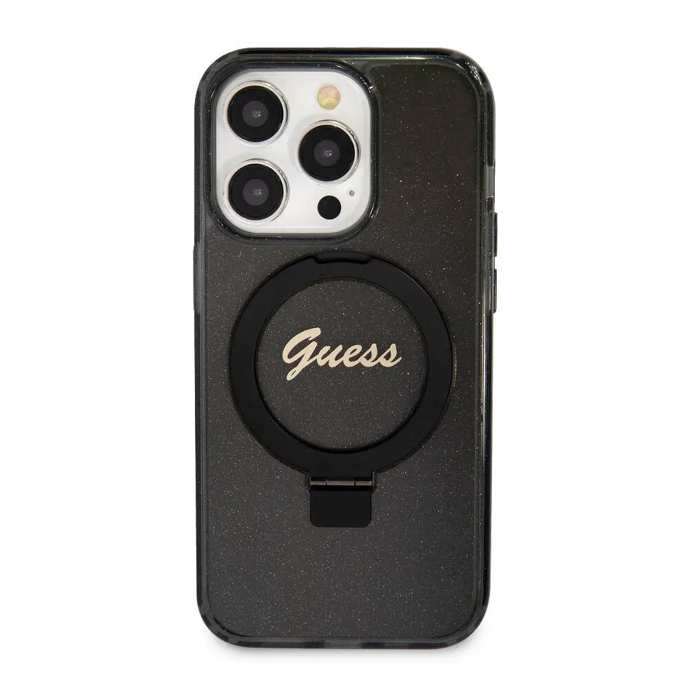 iPhone 15 Pro MagSafe Uyumlu Simli Arka Yüzey Ring Standlı Kılıf - Guess