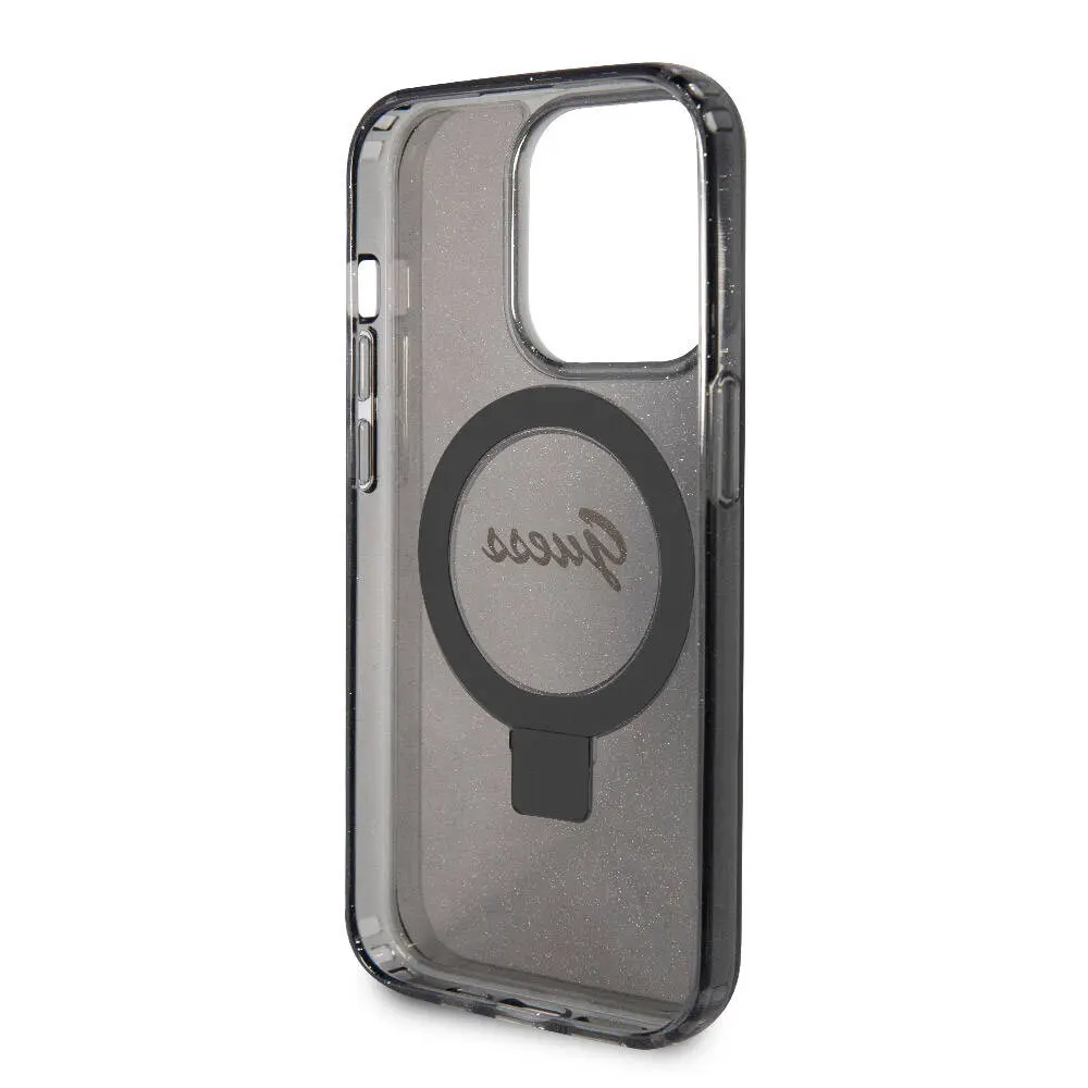 iPhone 15 Pro MagSafe Uyumlu Simli Arka Yüzey Ring Standlı Kılıf - Guess