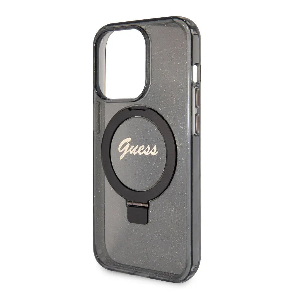iPhone 15 Pro MagSafe Uyumlu Simli Arka Yüzey Ring Standlı Kılıf - Guess