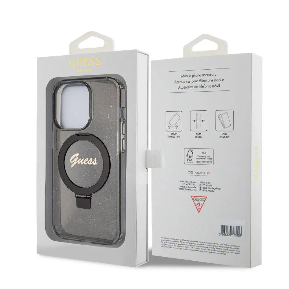 iPhone 15 Pro MagSafe Uyumlu Simli Arka Yüzey Ring Standlı Kılıf - Guess