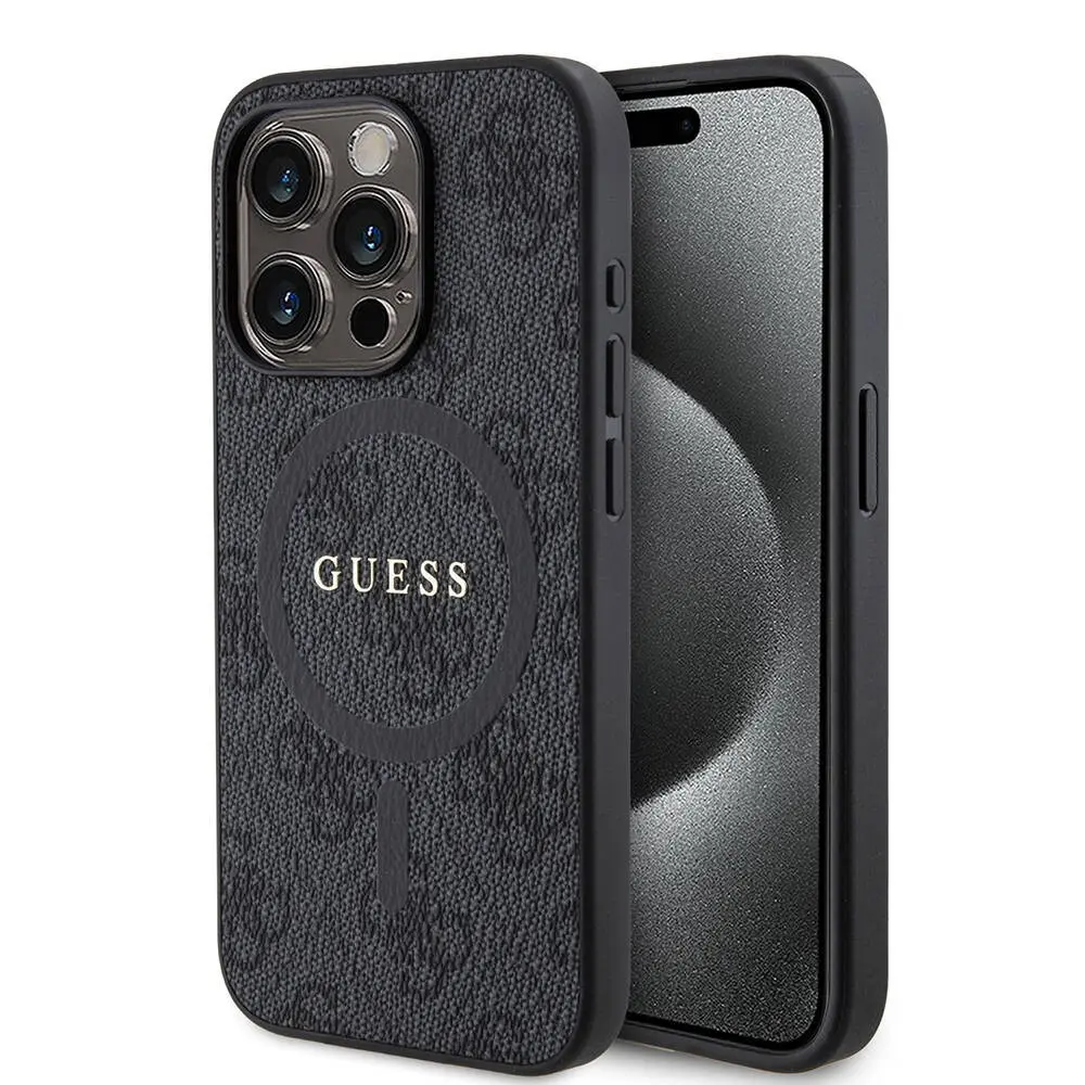 Apple iPhone 15 Pro Kılıf Guess Orjinal Lisanslı M-safe Şarj Özellikli PU Halkalı 4G Desenli Yazı Logolu Kapak