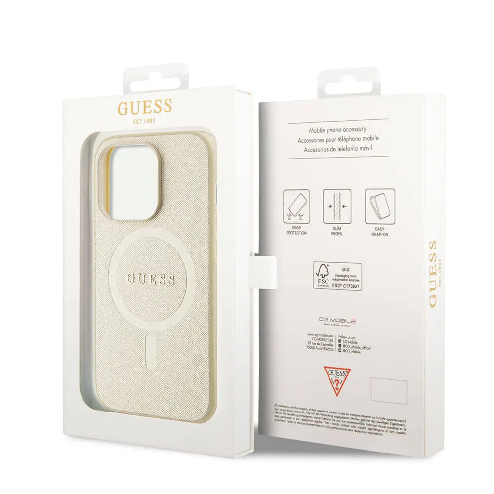 iPhone 15 Pro MagSafe Uyumlu Saffiano Kılıf - Guess Yazı Logolu