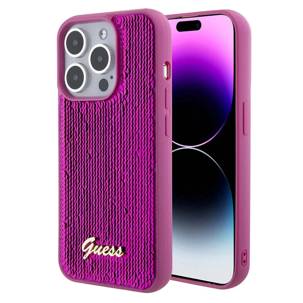 iPhone 15 Pro Pullu Arka Yüzeyli Lisanslı Kılıf - Guess Sequin Script