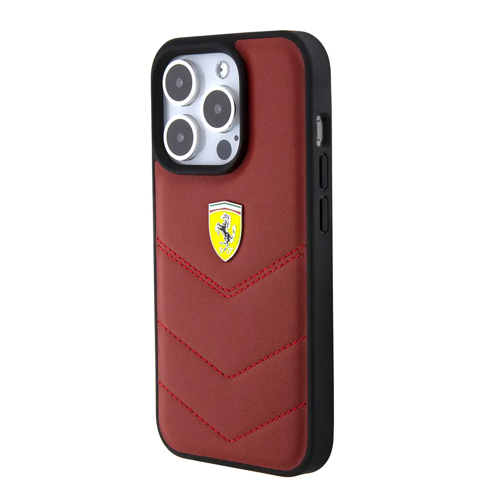 iPhone 15 Pro Deri Dikişli Metal Logolu Kılıf - Ferrari Lisanslı