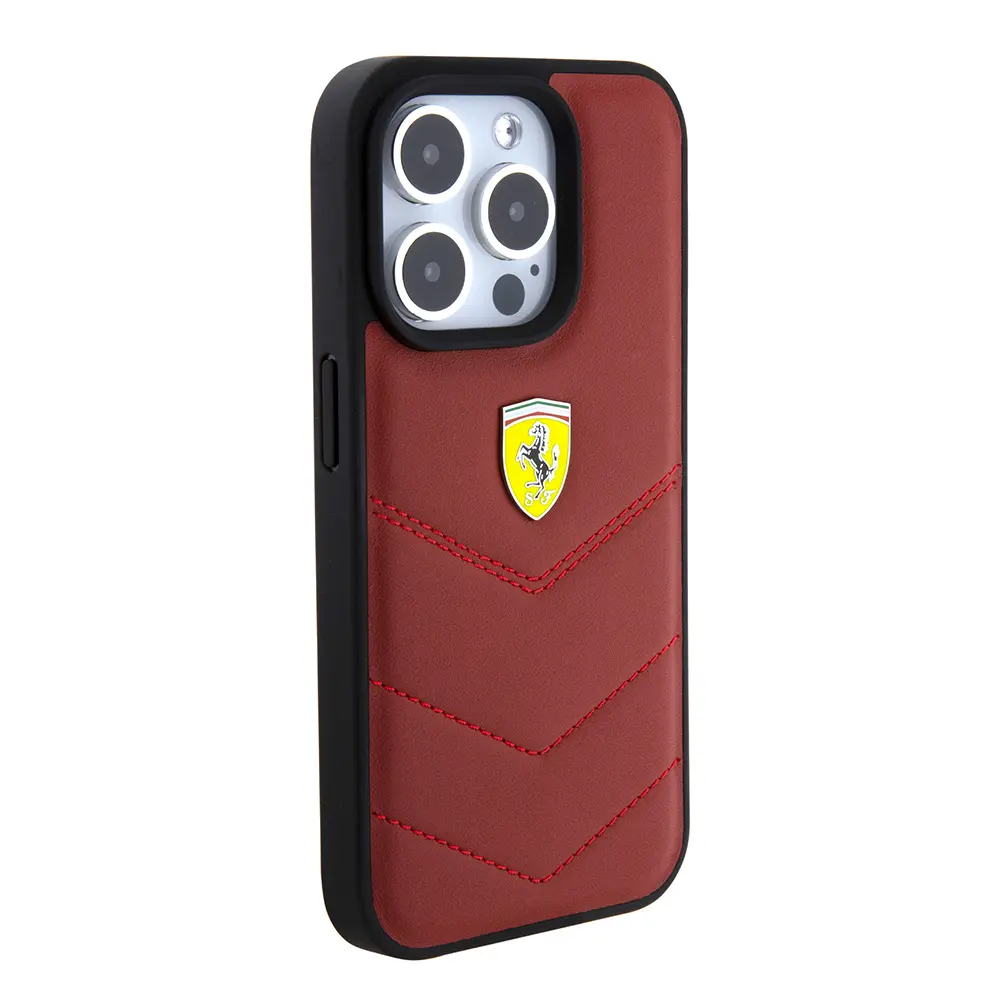 iPhone 15 Pro Deri Dikişli Metal Logolu Kılıf - Ferrari Lisanslı