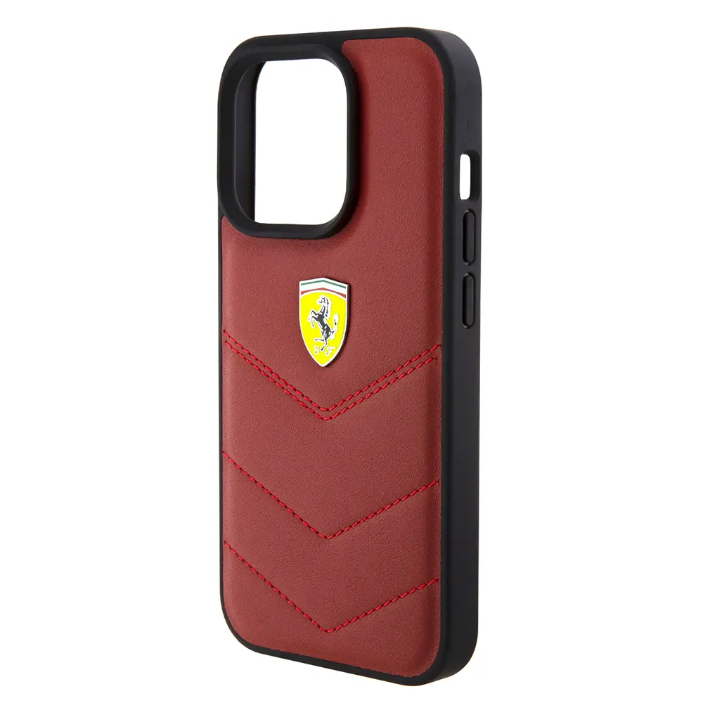 iPhone 15 Pro Deri Dikişli Metal Logolu Kılıf - Ferrari Lisanslı