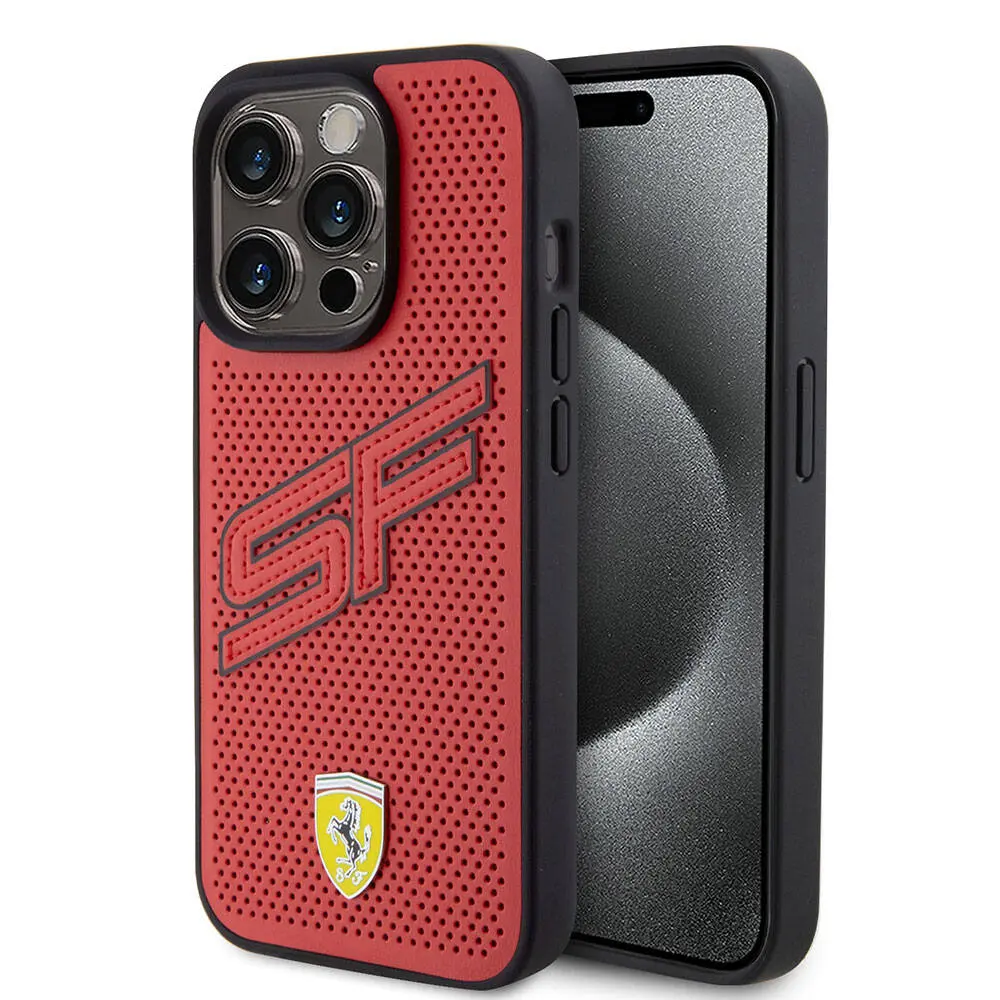 iPhone 15 Pro Lisanslı Ferrari PU Kılıf, Delikli ve Metal Logolu