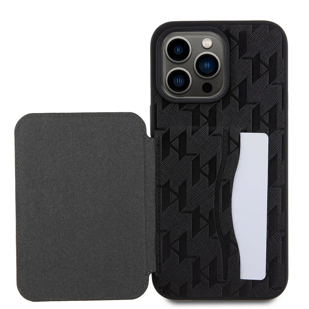 iPhone 15 Pro Standlı Kartlıklı Kılıf - Karl Lagerfeld Saffiano Monogram