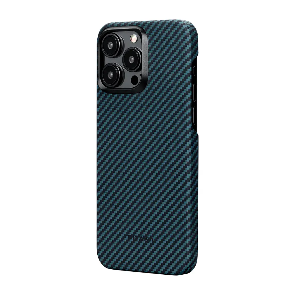Apple iPhone 15 Pro Kılıf M-safe Şarj Özellikli 1500D Aramid Karbon Fiber Pitaka Ultra-Slim Classic Serisi Black-Blue Twill Kapak