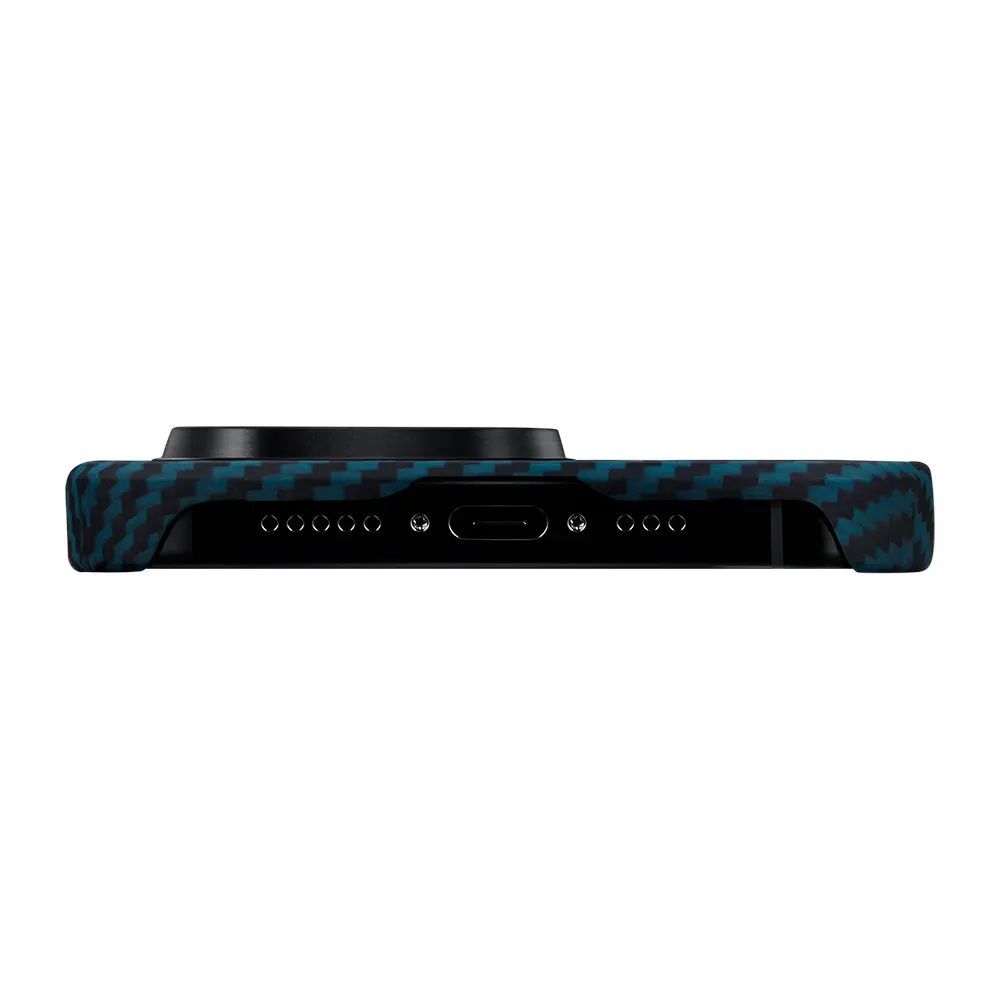 Apple iPhone 15 Pro Kılıf M-safe Şarj Özellikli 1500D Aramid Karbon Fiber Pitaka Ultra-Slim Classic Serisi Black-Blue Twill Kapak